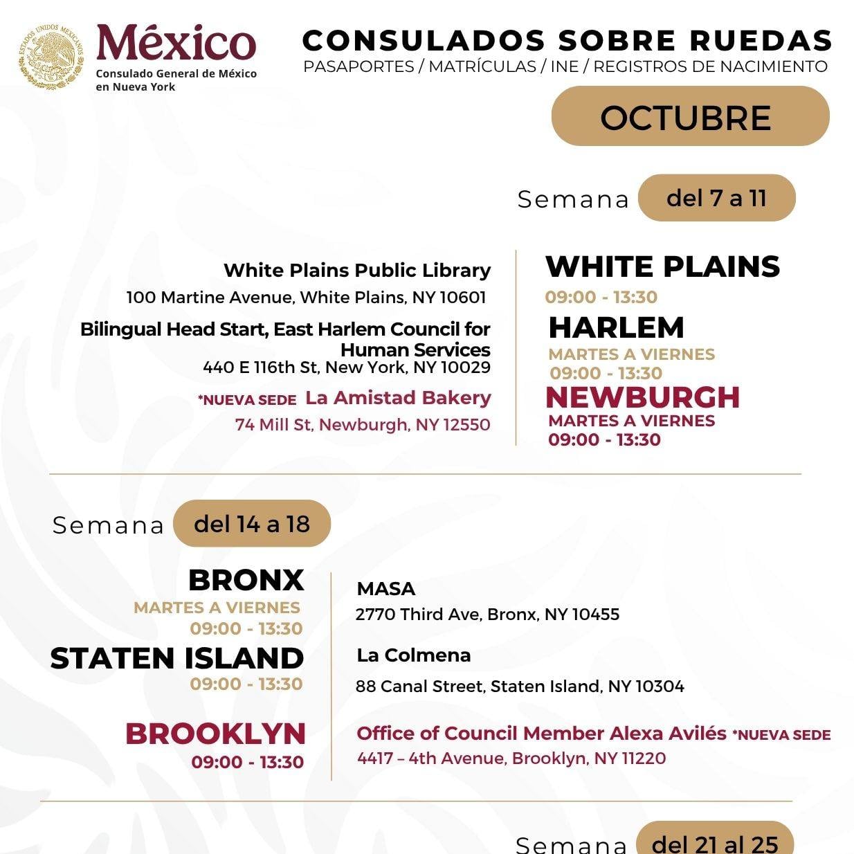 Fechas del Consulado sobre ruedas en Nueva York (FB Consulado de México en NY)