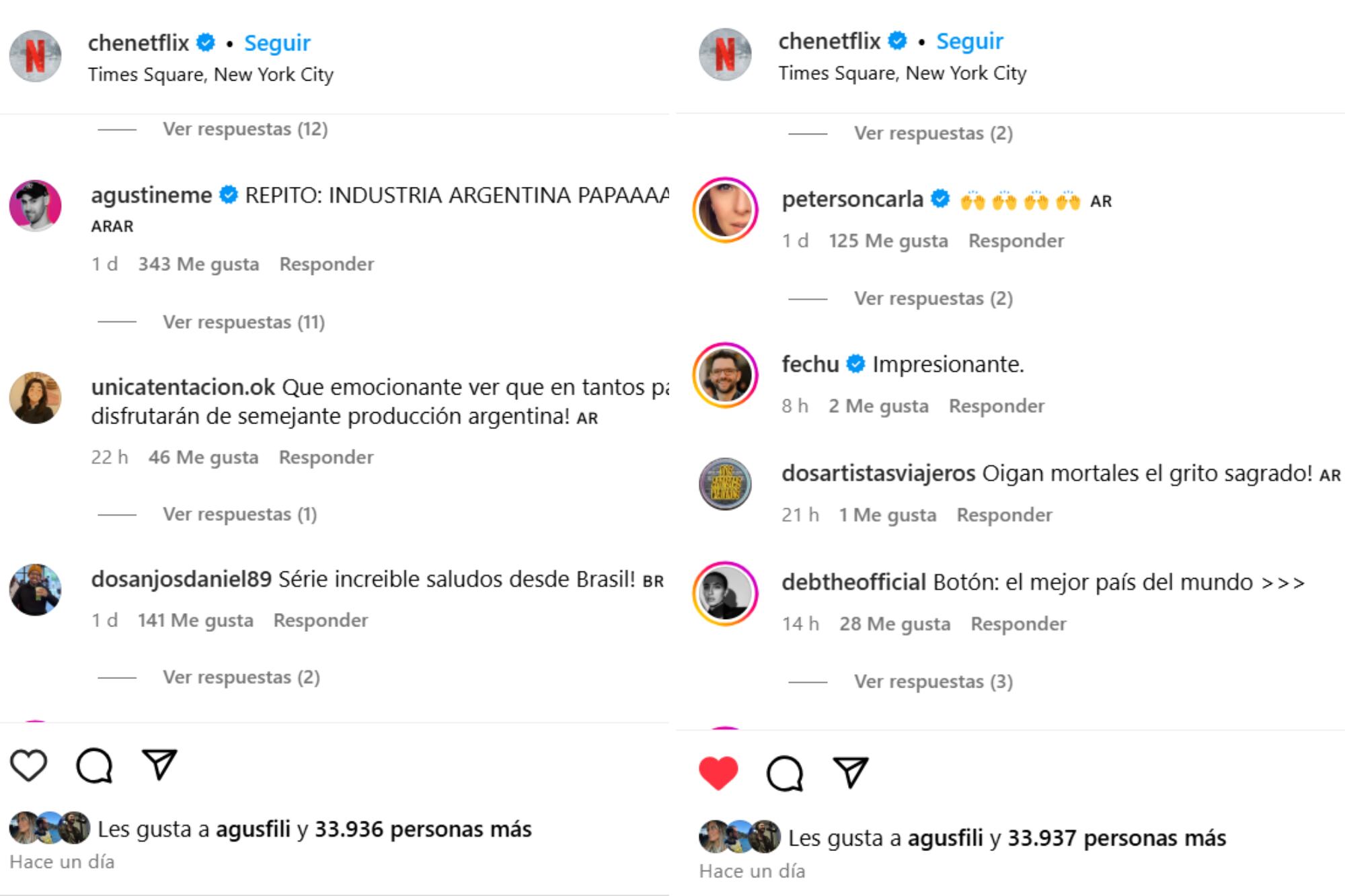 Los mensajes de apoyo tras la publicación del video de El Eternauta en Times Square (Foto: Captura Instagram @chenetflix)