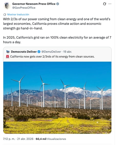 El gobernador Gavin Newsom destaca los avances en enegía limpia a través de su oficina de prensa