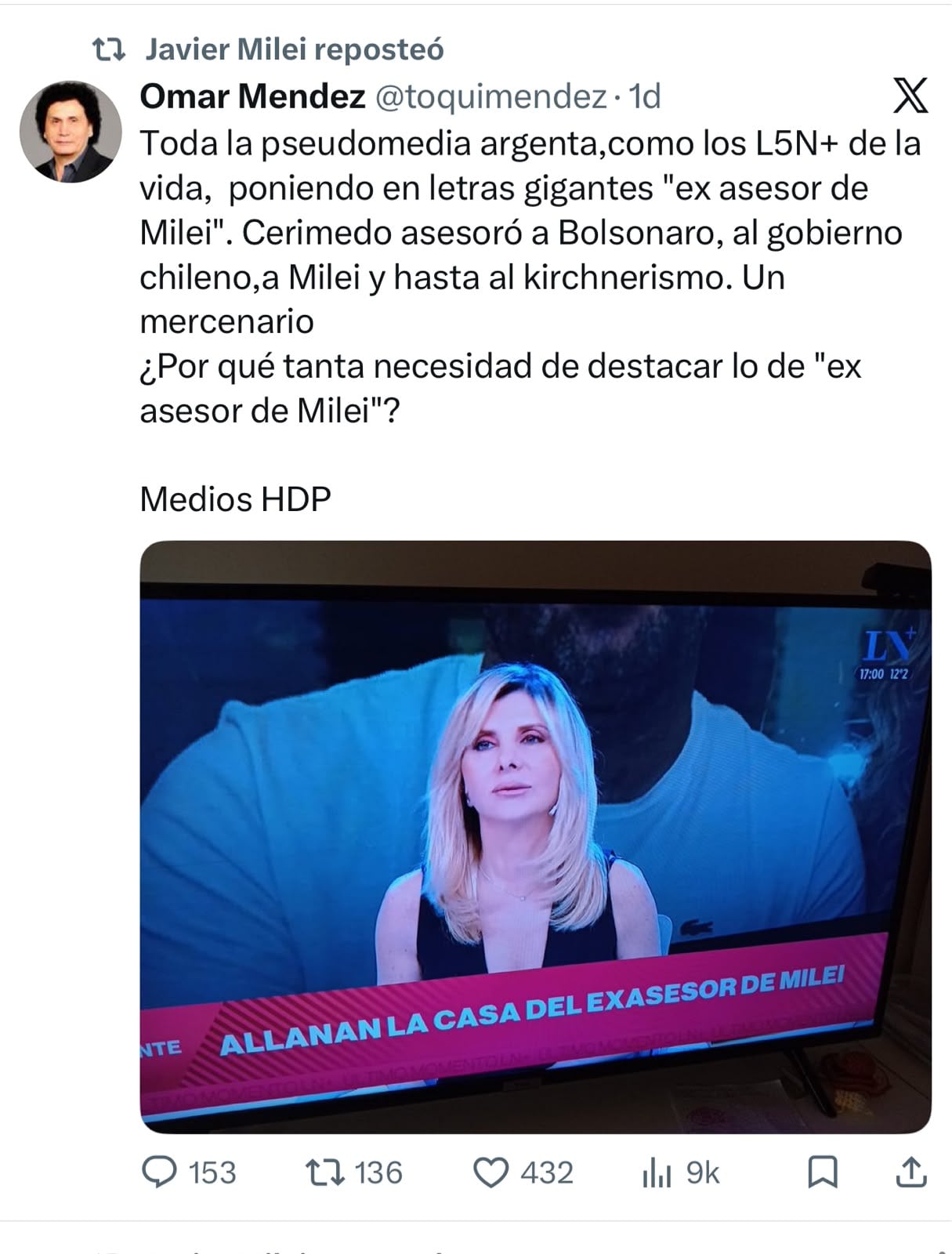 El mensaje que replicó Milei sobre el caso Cerimedo