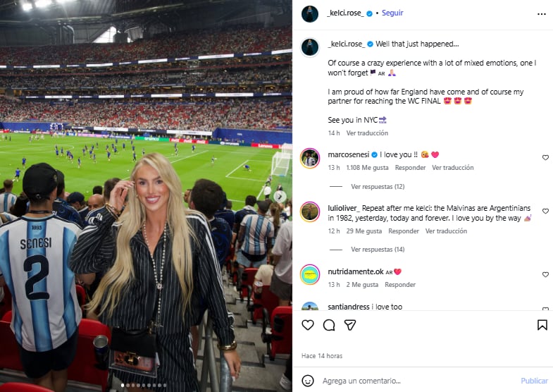 Kelci-Rose celebró en sus redes el triunfo argentino y expresó su orgullo por la selección inglesa (Foto: Instagram @_kelci.rose_)