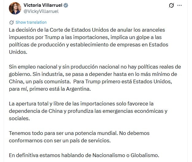 El mensaje de Villaruel en las redes.
