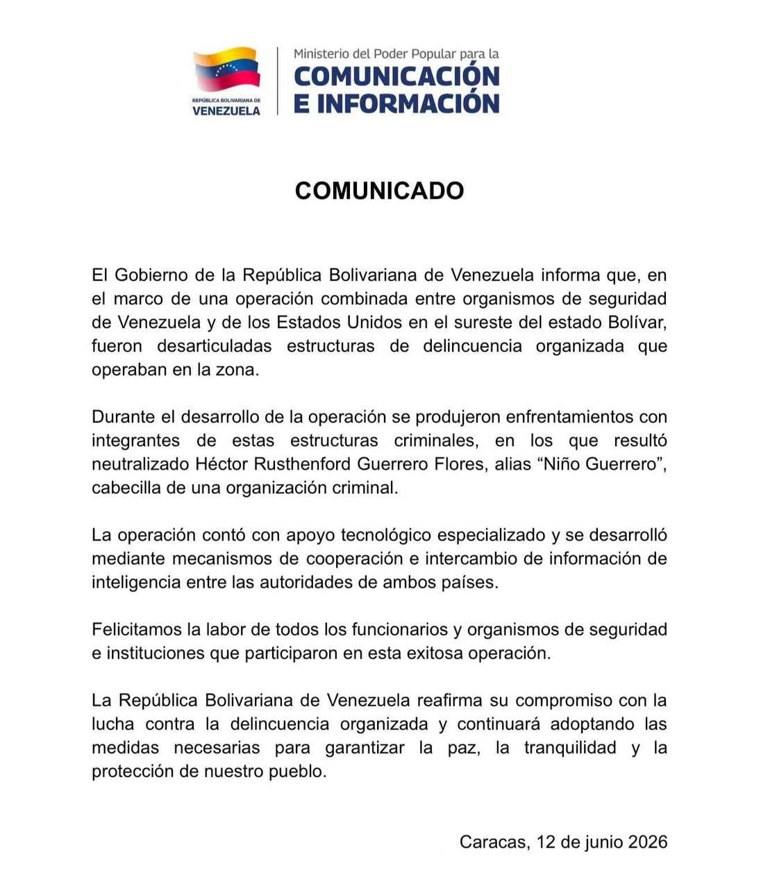 El comunicado de las autoridades venezolanas sobre la operación conjunta con Estados Unidos