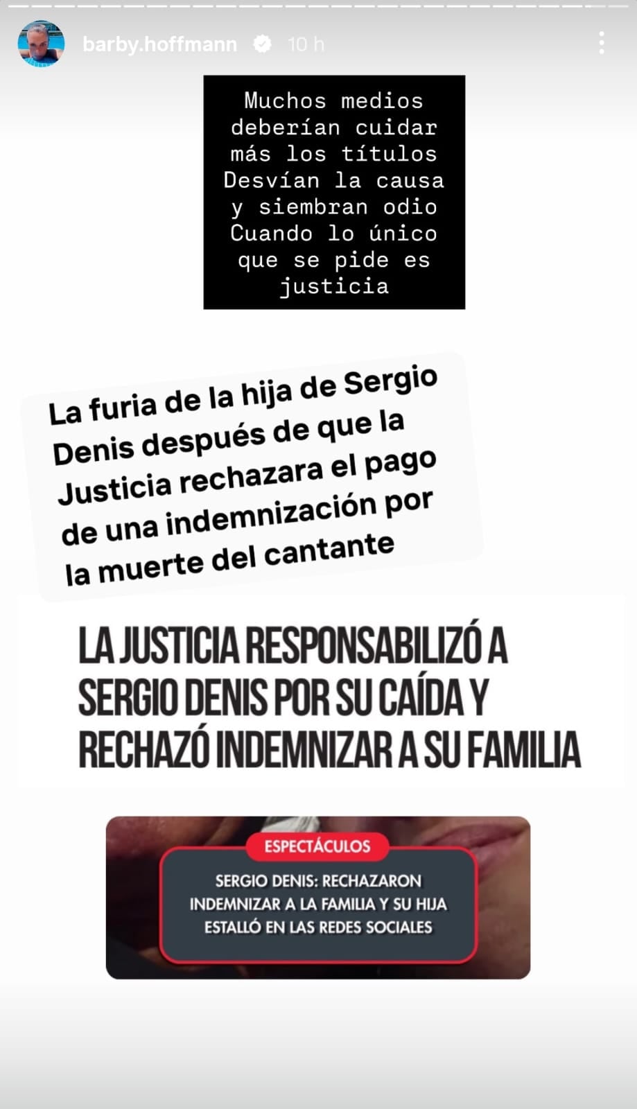 Una de las publicaciones de Bárbara Hoffman tras las repercusiones de la decisión de la Justicia tucumana, que responsabilizó a Sergio Denis por la caída que provocó su propia muerte