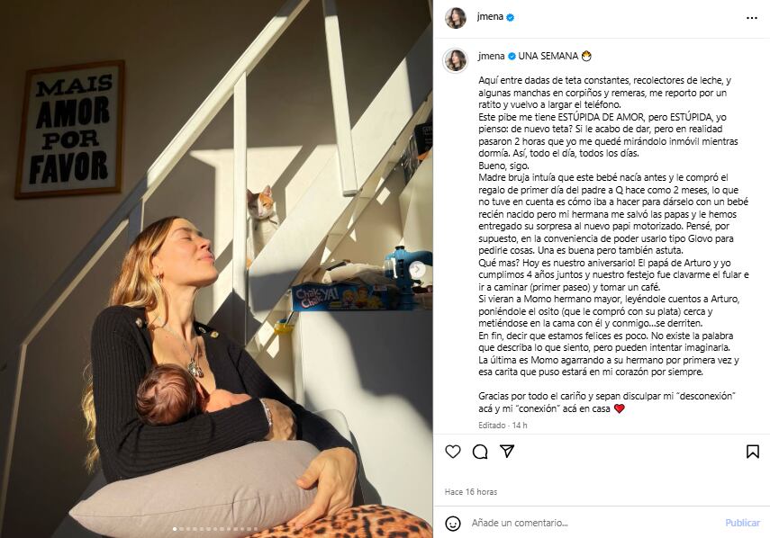 El emotivo posteo de Jimena Barón a una semana del nacimiento de su hijo Arturo (Foto: Instagram @jmena)