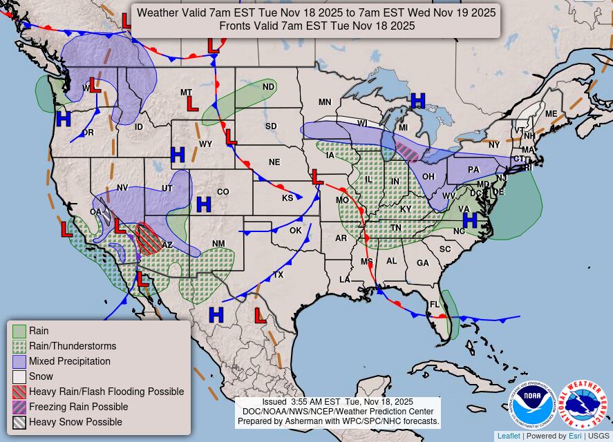 Un sistema de baja presión sobre el valle medio del Mississippi generará nieve ligera en el valle superior del Mississippi, regiones de los Grandes Lagos y partes del valle de Ohio