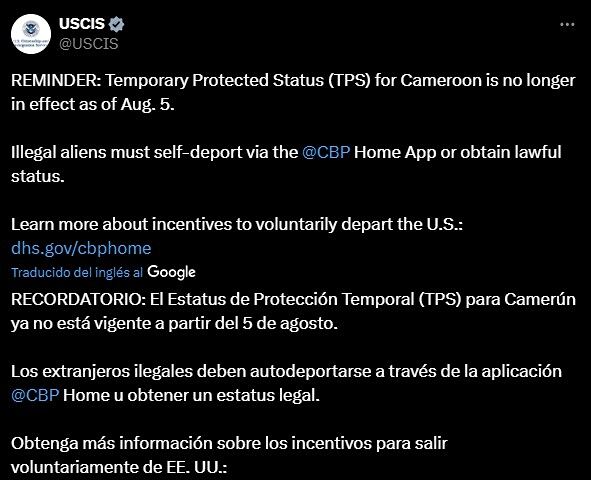 Uscis advierte sobre la terminación del TPS para Camerún