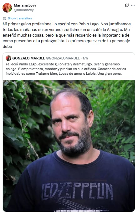 La despedida de Mariana Levy a Pablo Lago (X: @marianevy)