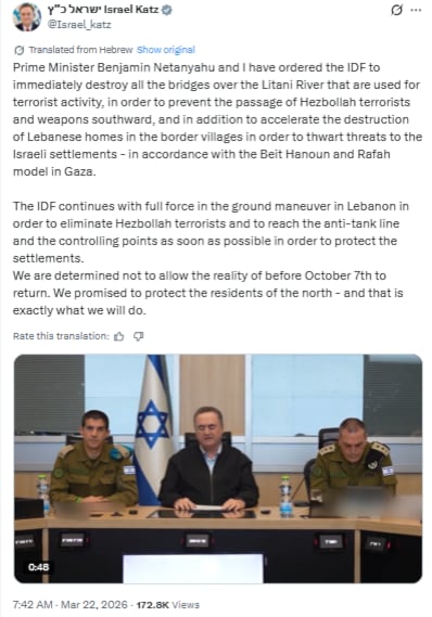 Israel Katz anuncia el ataque de los puentes libaneses