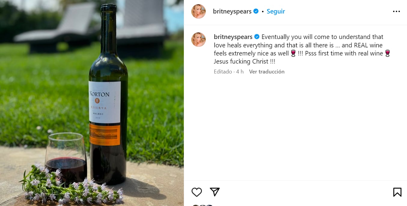 Britney Spears sorprendió tomando un vino argentino (Foto: Instagram)