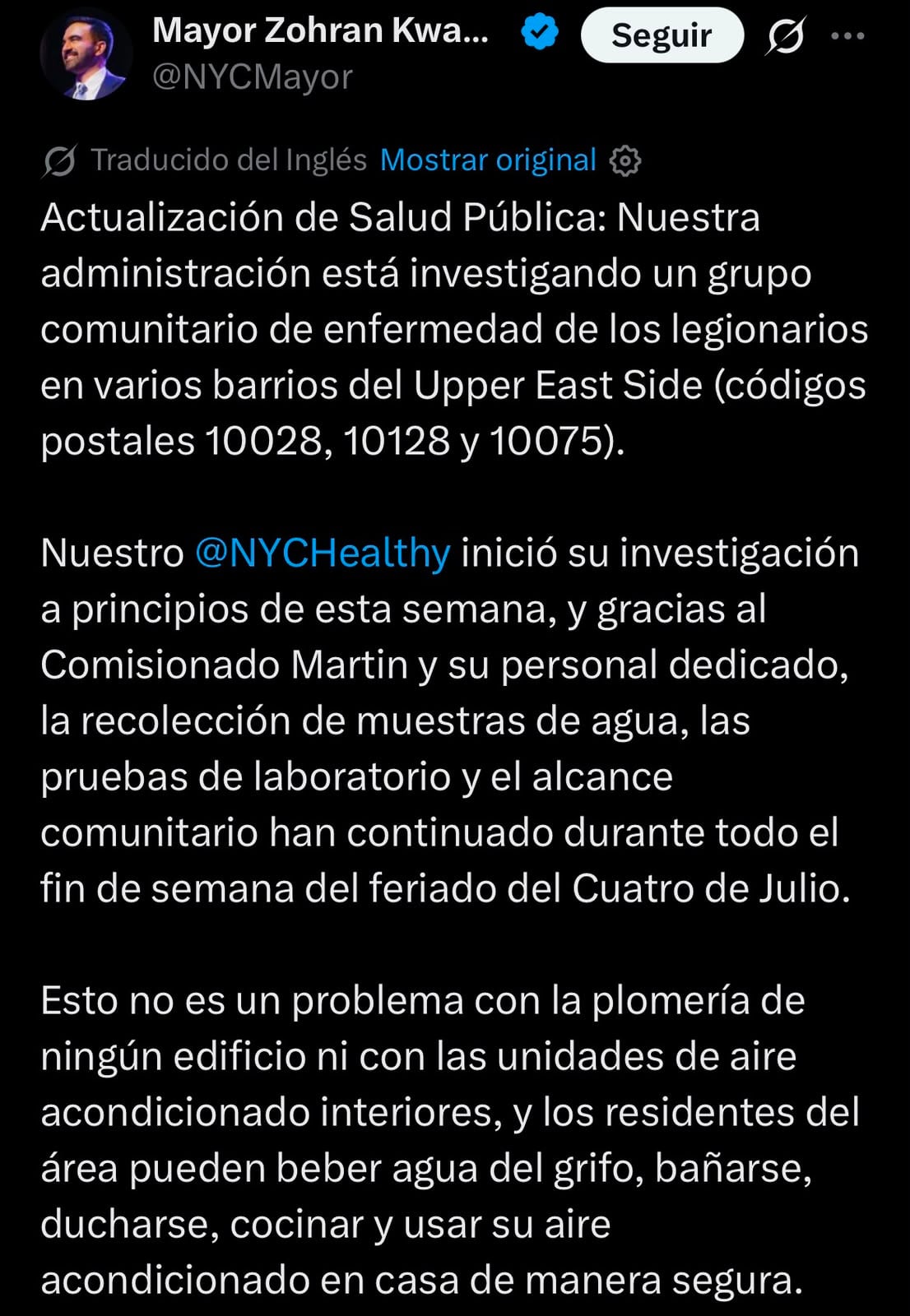 Mamdani alertó sobre la enfermedad de los legionarios en su cuenta de X