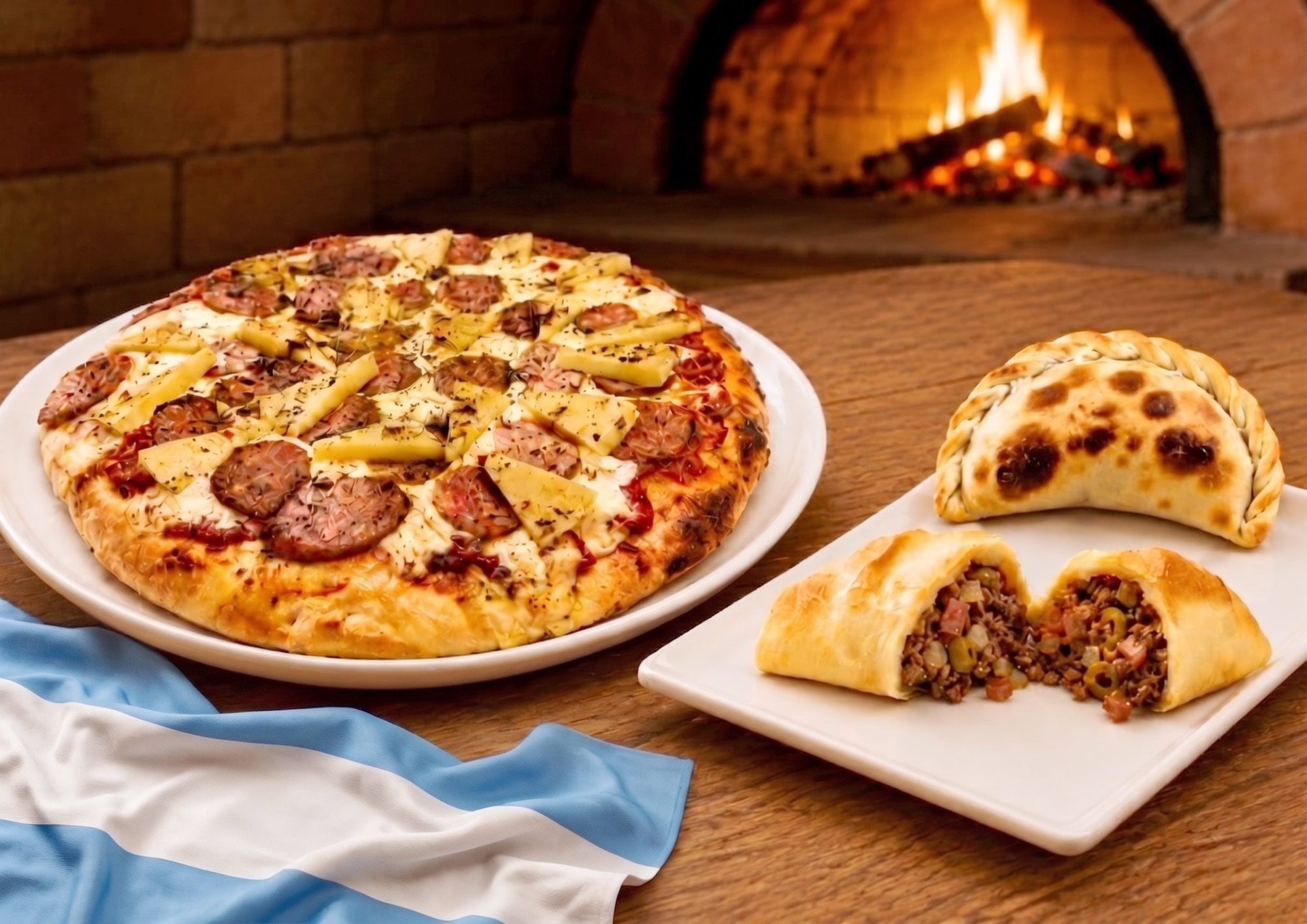 La pizza y la empanada Cabuleras llevan salsa de tomate, muzzarella, chorizo, provoleta y chimichurri pizzero