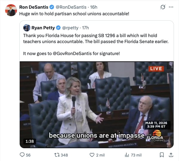 El gobernador de Florida se pronunció sobre la reforma en su cuenta de X