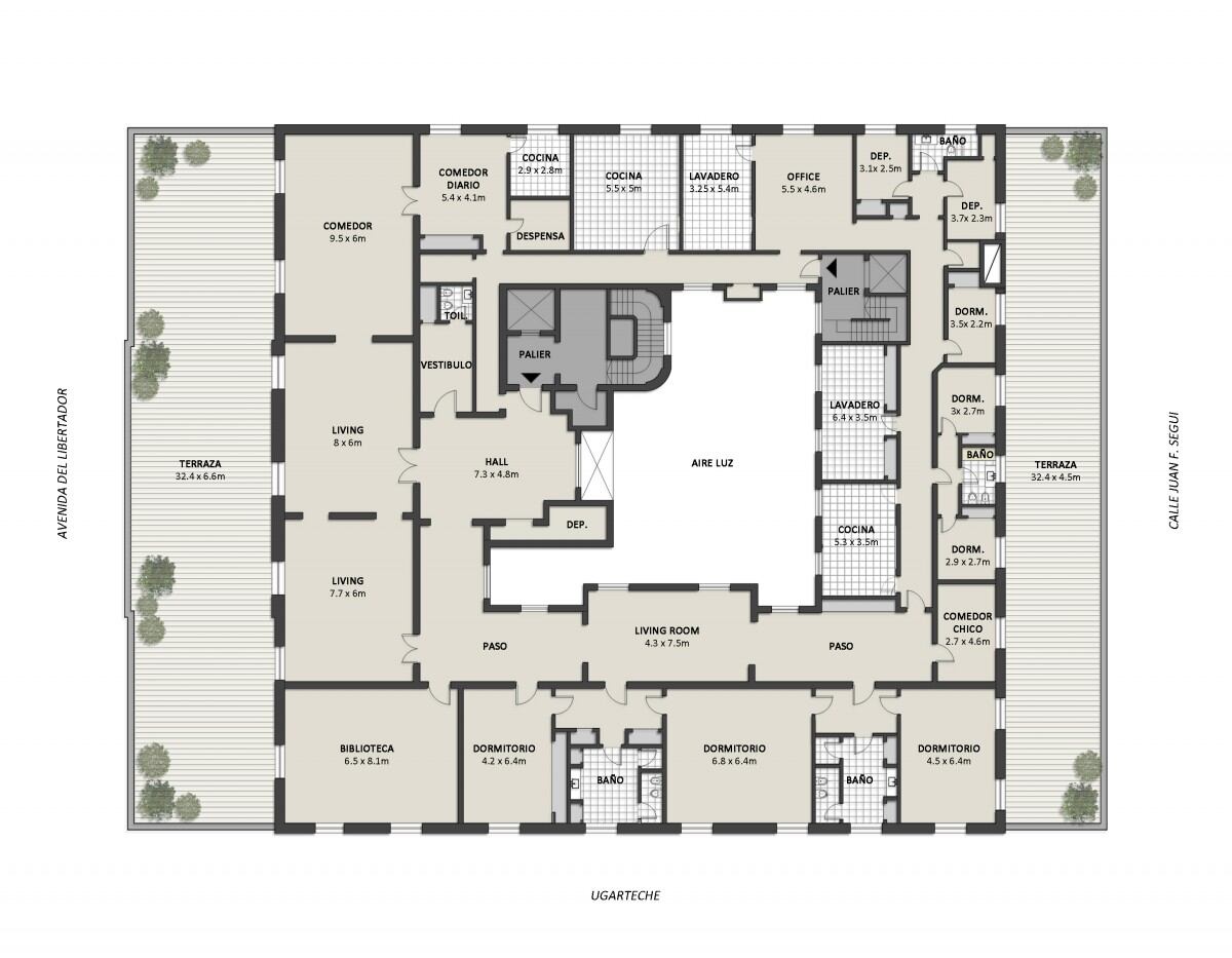 Planta del piso del Palacio Devoto que fue vendido hace días en 9 millones de dólares. Tiene menos metros cubiertos que los cuatro pisos más bajo, pero tiene dos fantásticas terrazas.