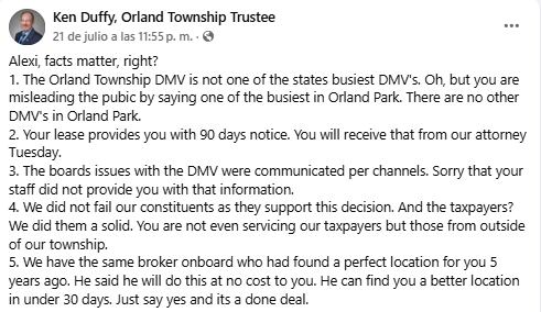 Fideicomisario Ken Duffy responde al Secretario de Estado de Illinois (Facebook/Ken Duffy, Orland Township Trustee)
