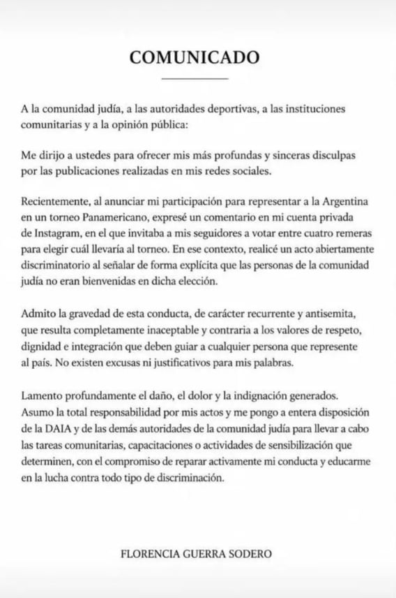 El comunicado que publicó Guerra Sodero en su Instagram