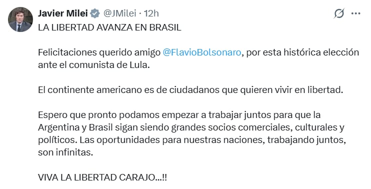 El posteo de Milei