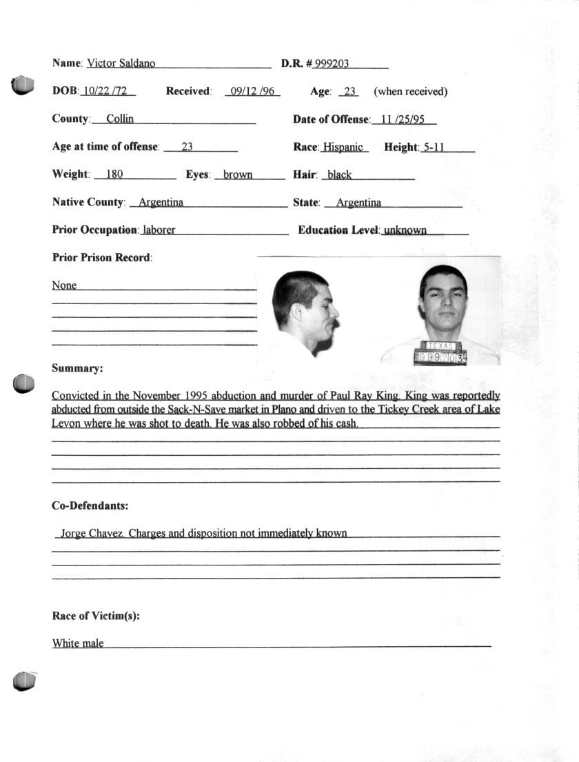 La ficha de Víctor Saldaño en el Departamento de Justicia de Texas