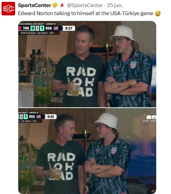 Los actores Edward Norton y Brad Pitt, juntos en el partido de Estados Unidos contra Turquía