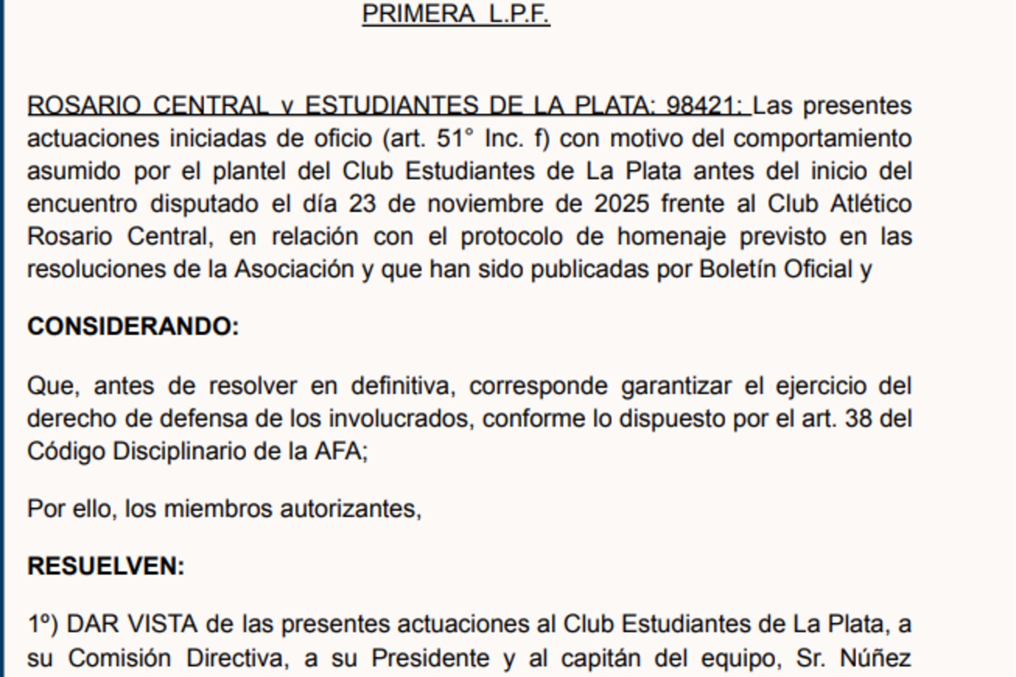 La resolución del Tribunal de Disciplina de la AFA, que le inició un expediente a Estudiantes