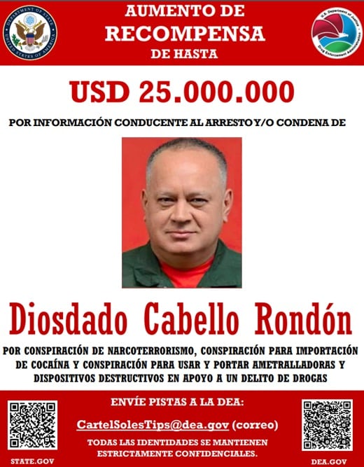 La recompensa de Estados Unidos por Diosdado Cabello