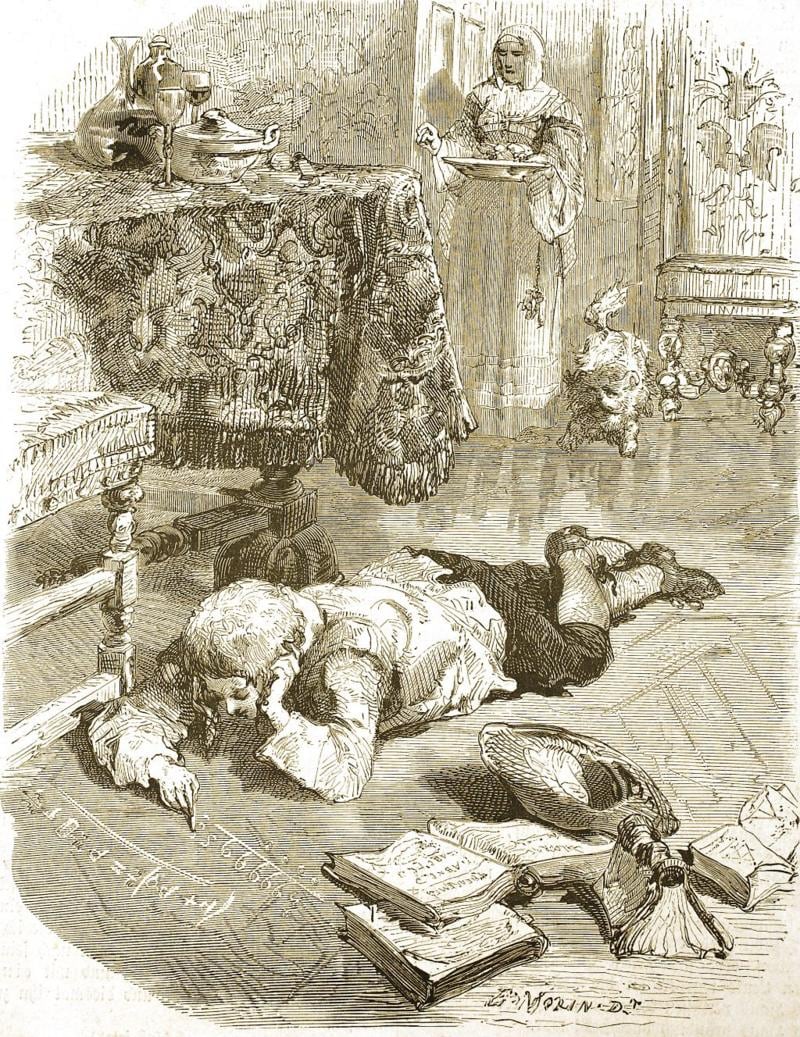 Reproducción histórica restaurada digitalmente de un original del siglo XIX que muestra a Blaise Pascal a los doce años, estudiando matemáticas.