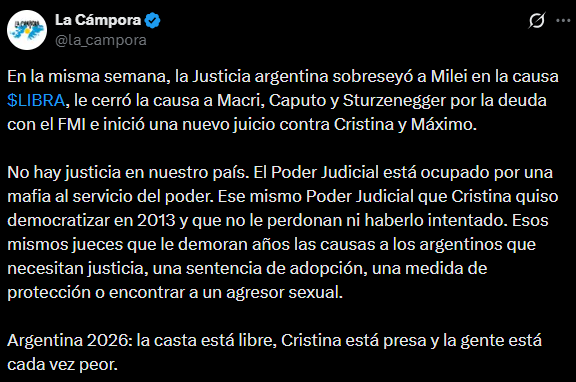 El reclamo de La Cámpora tras el sobreseimiento de los Milei en la causa $LIBRA