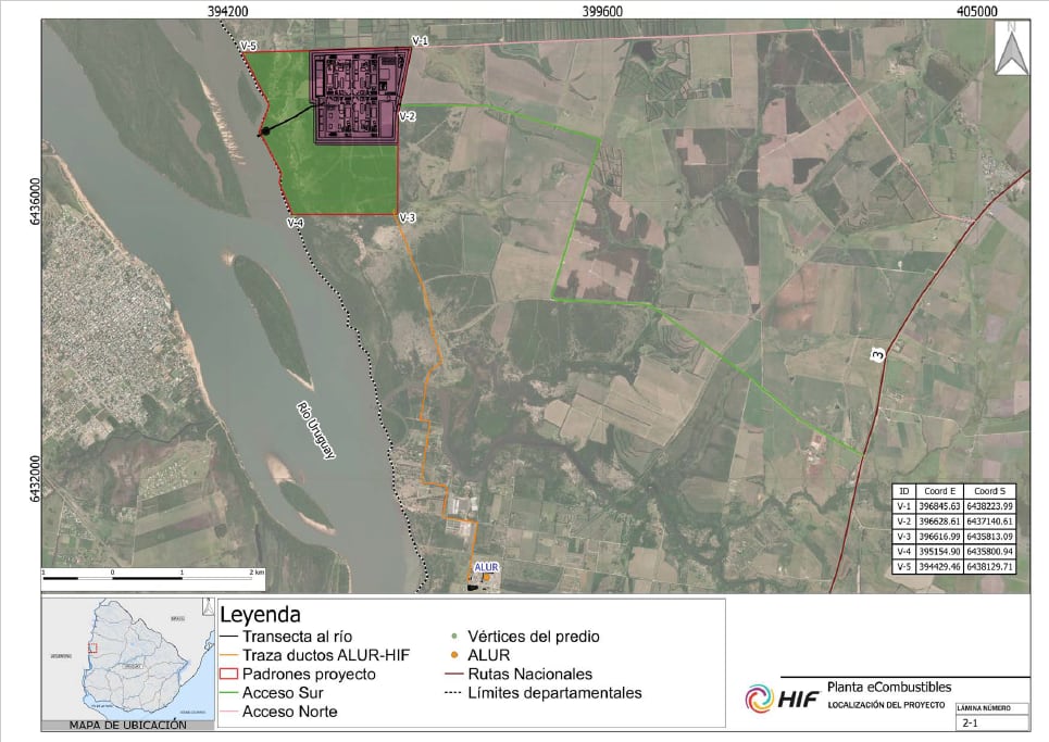 Los planos del proyecto de HIF Global, sobre la costa del Río Uruguay frente a Colón, provincia de Entre Ríos