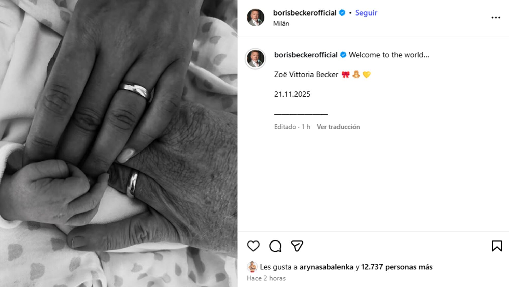 Boris Becker confirmó el nacimiento de su hija Zoë Vittoria