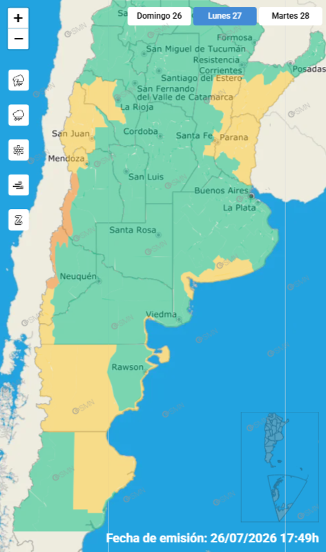 Las alertas emitidas por el SMN para este lunes 27 de julio