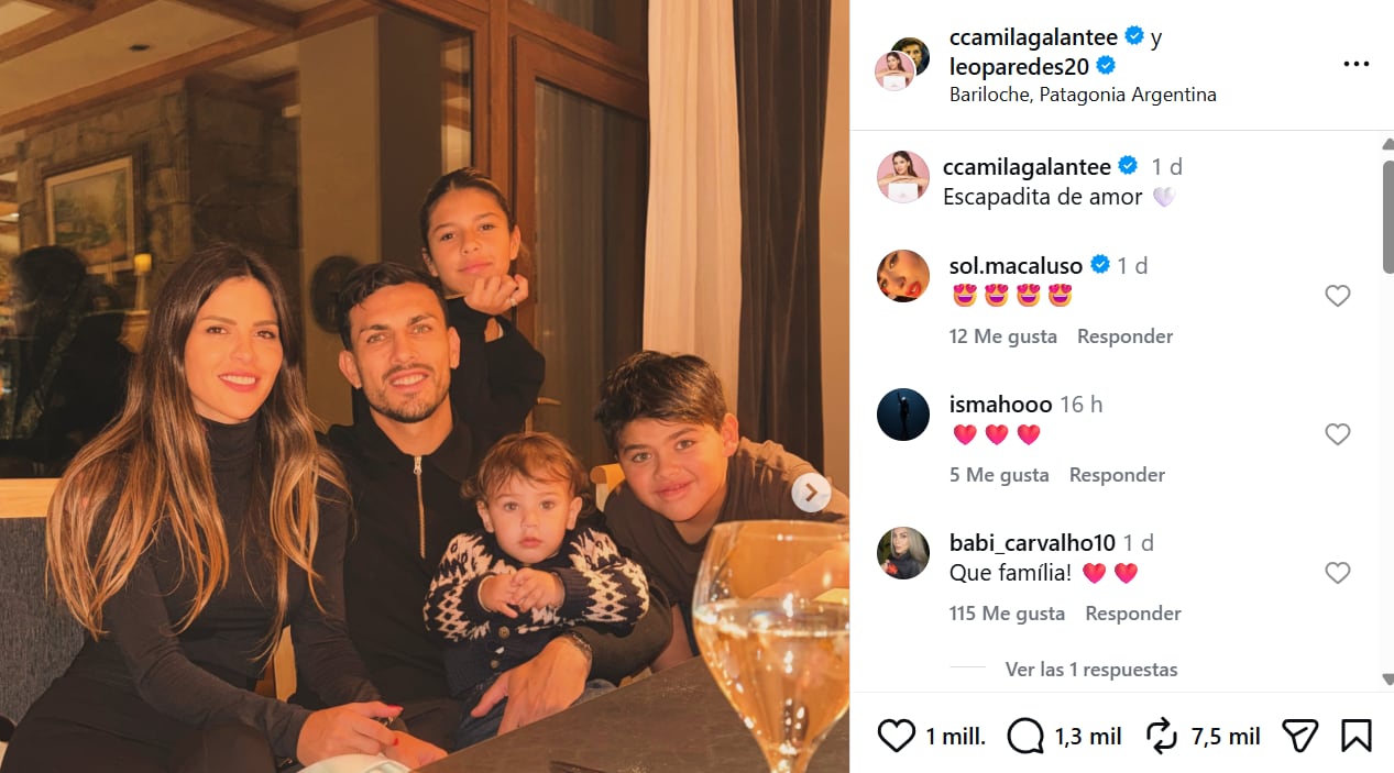 Las vacaciones de Leandro Paredes en Bariloche junto a su familia: nieve, pileta y cena romántica 6 El posteo de Camila Galante sobre las vacaciones familiares