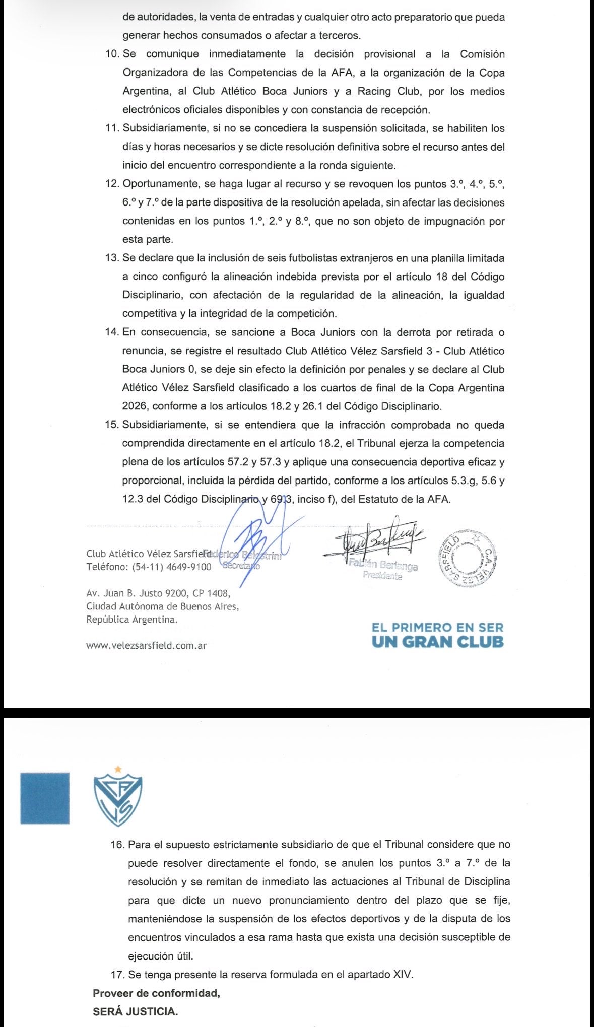 Vélez apeló el fallo del Tribunal de Disciplina sobre Boca y pidió que no se juegue el partido contra Racing el domingo.