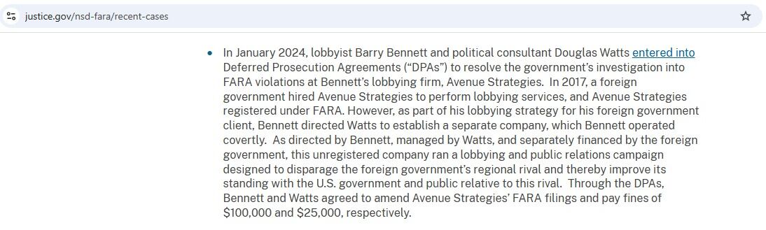 El Departamento de Justicia muestra en sus casos recientes una investigación por presunta violación al FARA que involucró a Barry Bennett