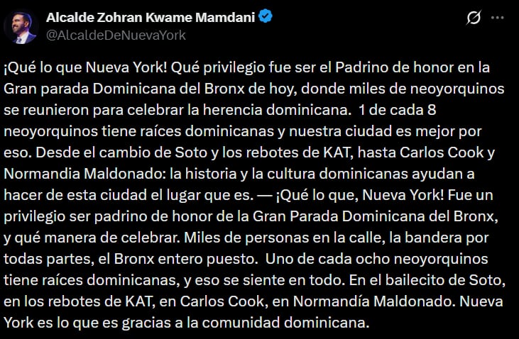 A través de su cuenta de X, el mandatario expresó su privilegio de acompañar a la comunidad y destacó el profundo impacto cultural y social de los dominicanos en la metrópoli