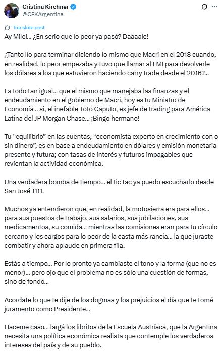 El posteo de Cristina Kirchner tras el anuncio del Presupuesto 2026 (Fuente: @CFKArgentina)
