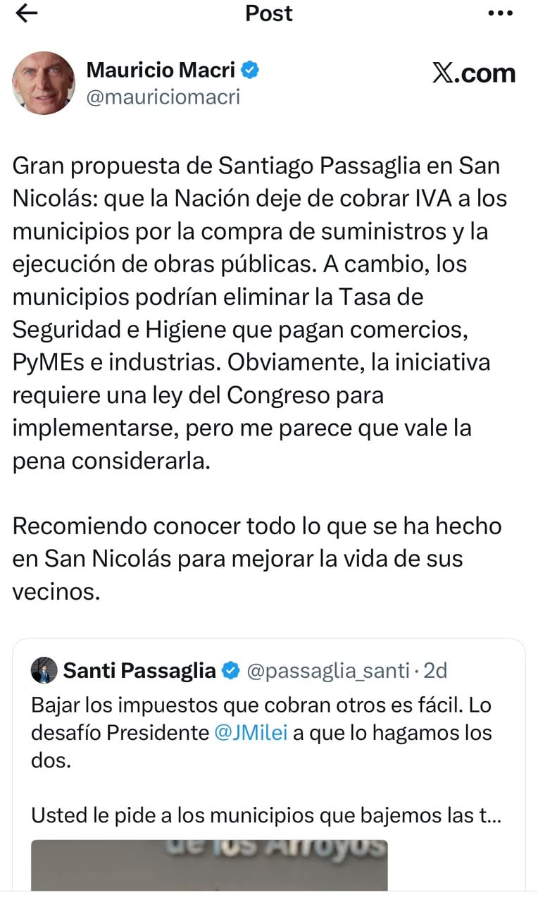 Mauricio Macri respondió al posteo de Passaglia pero más tarde borró esa publicación