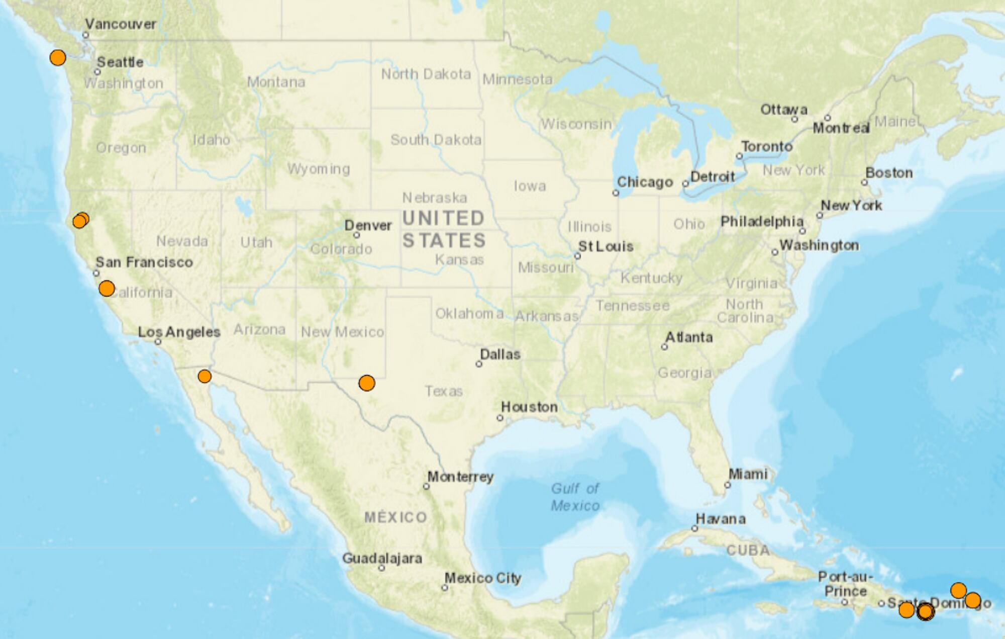 Mapa de los temblores que se registraron en América del Norte y el Caribe