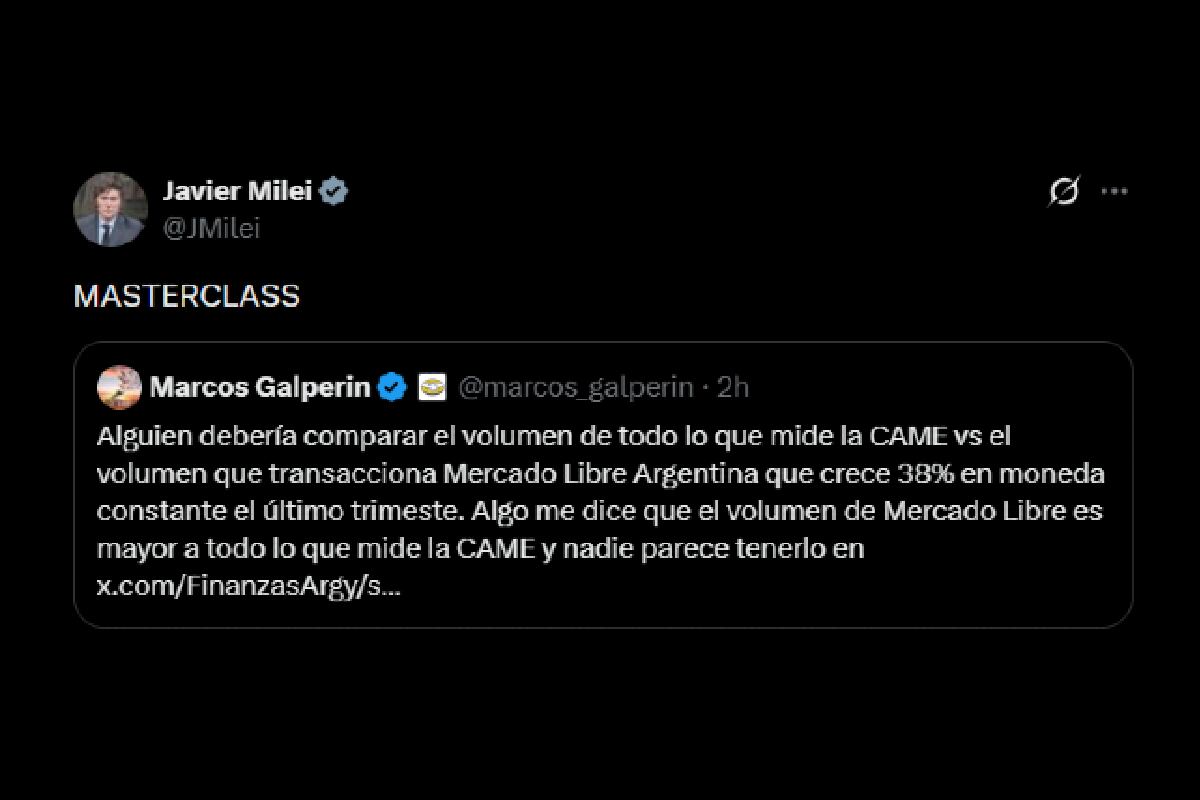 El presidente Javier Milei avaló las palabras de Marcos Galperin contra CAME