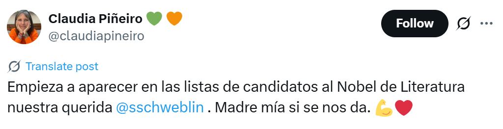 Claudia Piñeiro felicitó a Samanta Schweblin por su posible nominación (X: @claudiapineiro)