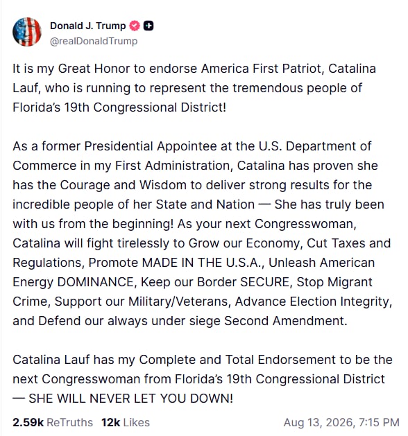El presidente Donald Trump asegura que Catalia Lauf no va a defraudar a los floridanos