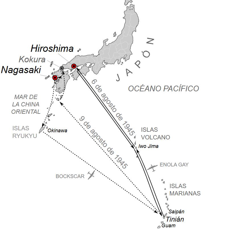 Mapa de las rutas seguidas durante las misiones de bombardeo atómico sobre Hiroshima y Nagasaki, los días 6 y 9 de agosto de 1945. En la segunda operación, el objetivo inicial era Kokura, pero las malas condiciones climáticas impidieron una visión clara, por lo que se optó por lanzar la bomba sobre el blanco secundario: Nagasaki.