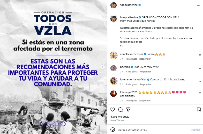 Catherine Fulop usó su cuenta de Instagram para compartir recomendaciones para las personas que se encuentran en una zona afectada de Venezuela (Foto: Instagram @fulopcatherine)