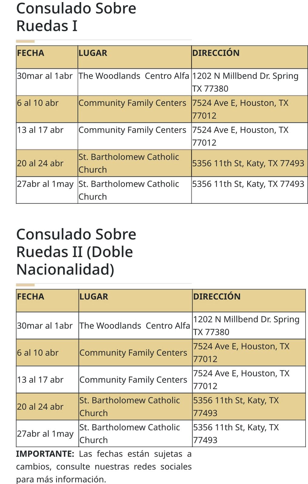 Fechas del Consulado sobre Ruedas en Texas