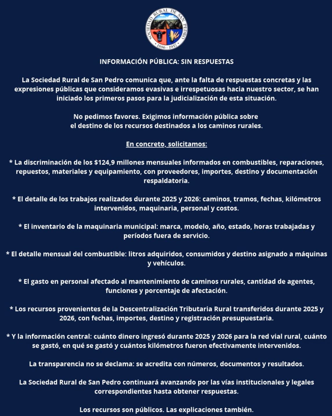 Comunicado de la Sociedad Rural de San Pedro