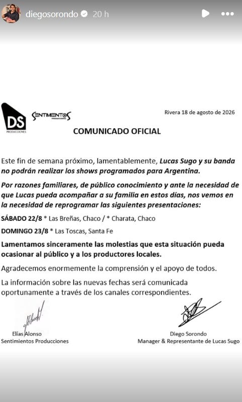 Diego Sorondo, manager de Sugo, confirmó la noticia