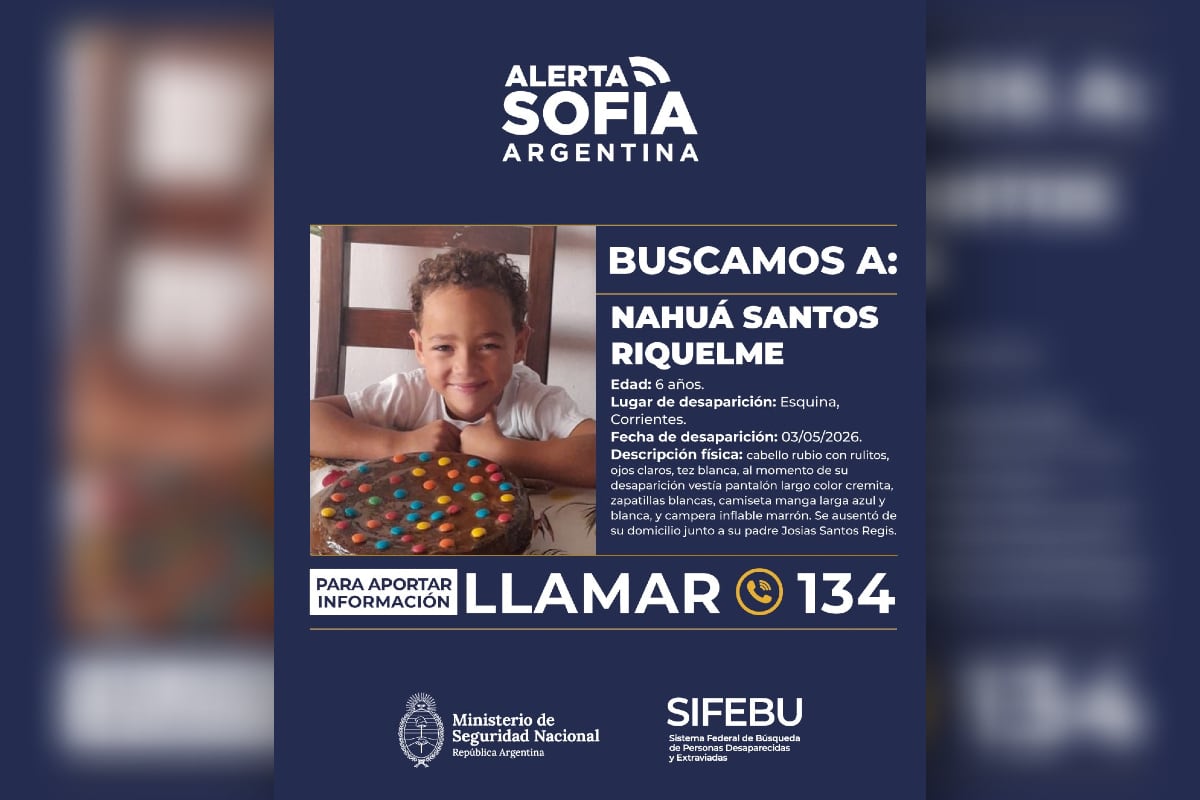 Nahuá Santos Riquelme (6) fue visto por última vez el domingo 3 de mayo, cuando se ausentó de su domicilio junto a su padre, Josias Santos Regis