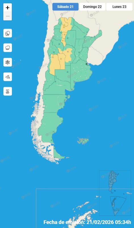 Mapa de alertas para este sábado 21 de febrero.