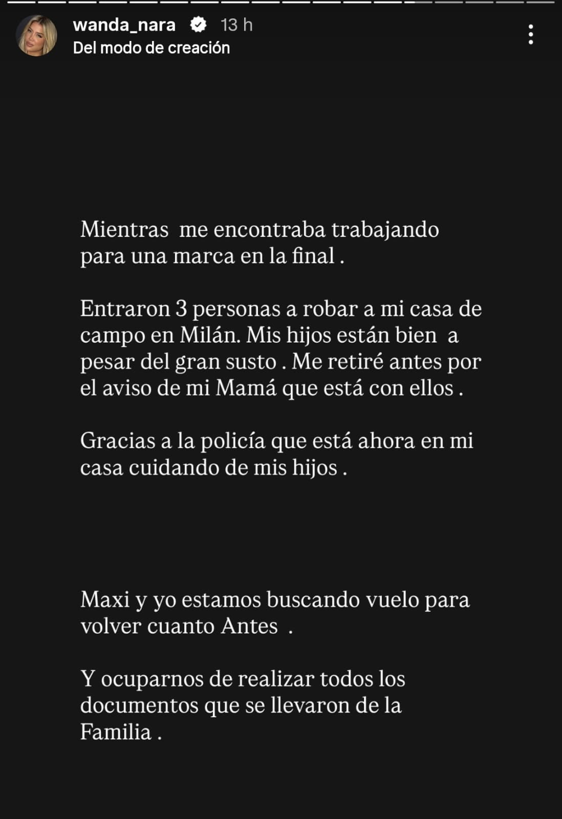 Wanda Nara contó a través de sus redes sociales que sus hijos fueron víctimas de un robo en su casa de Milán