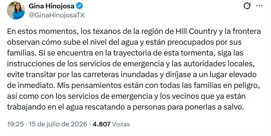 Gina Hinojosa le pidió a la ciudadanía que siga las instrucciones de emergencia ante la inundaciones
