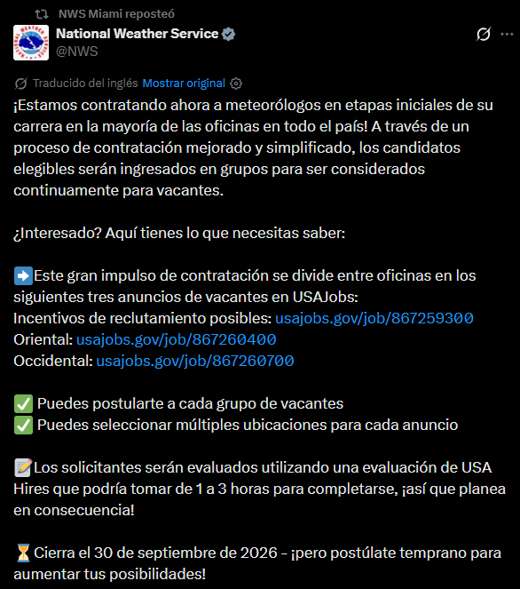 El NWS busca trabajadores y hay tiempo para inscribirse hasta fines de septiembre